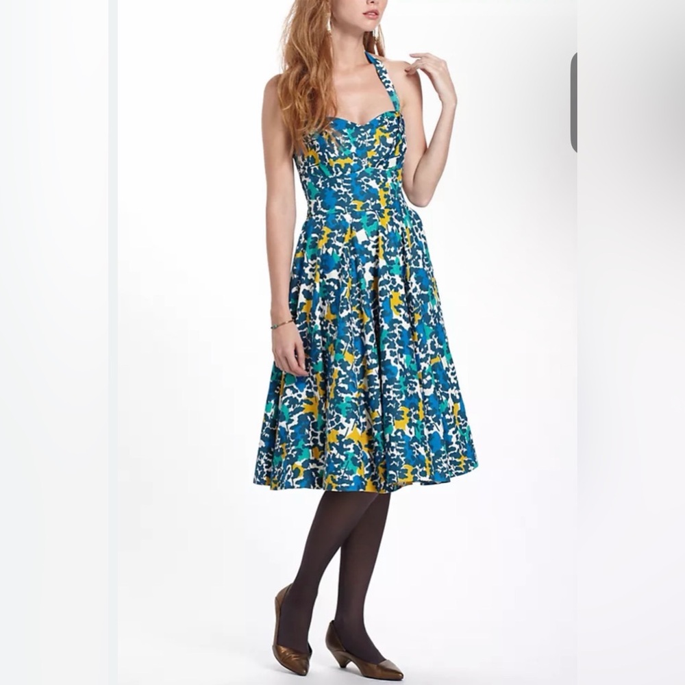 Chic Blue and Yellow Floral Midi‎ Dress
